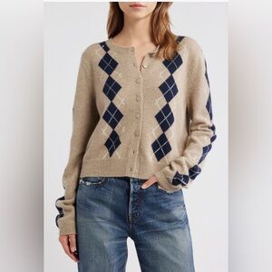 Reformation Clara Cashmere Cardigan Oatmeal Navy Argyle